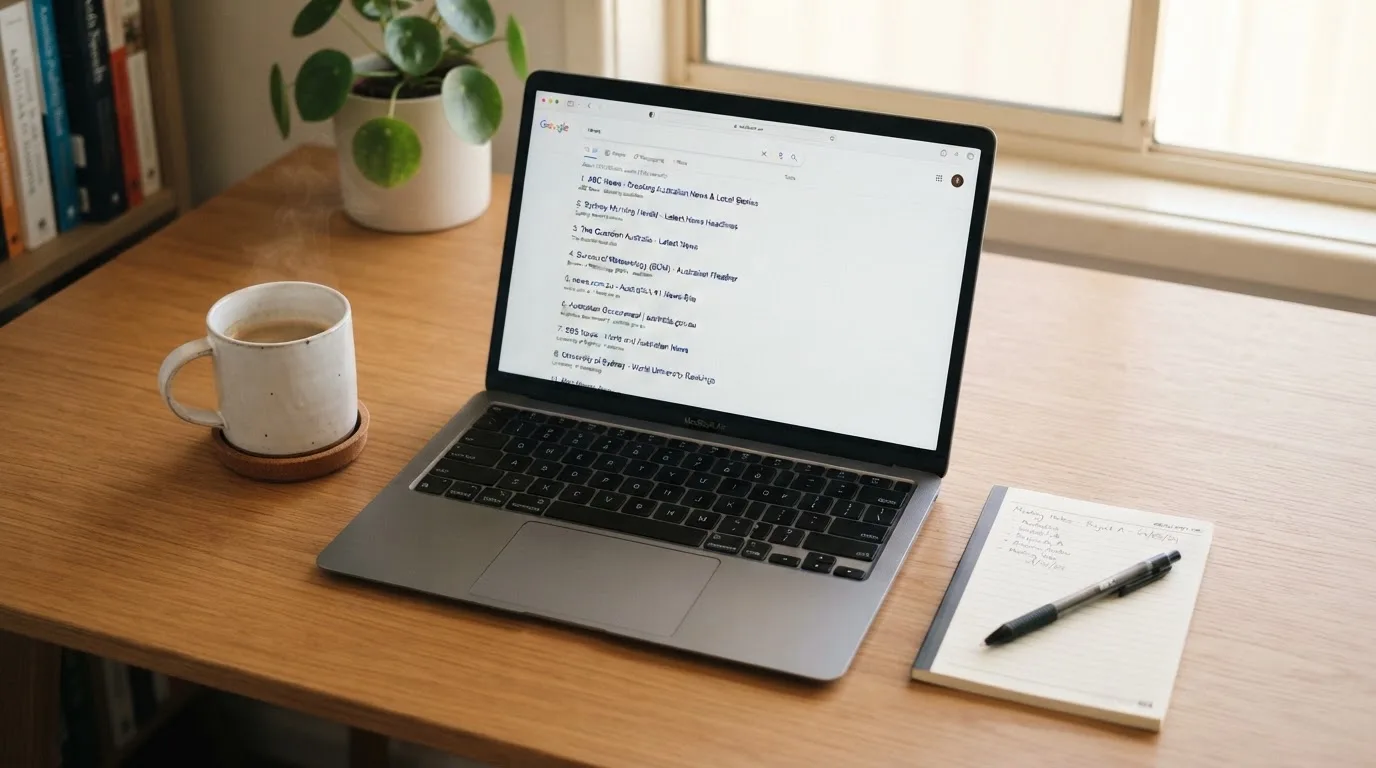 A tidy desk with a laptop open on a plain search-results page, a notebook and a coffee cup beside it, no screens showing any casino branding.