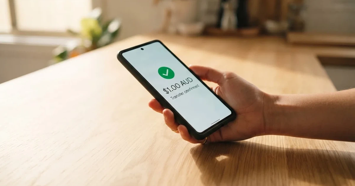 A smartphone screen showing a generic bank-transfer confirmation tick, held over a kitchen table.