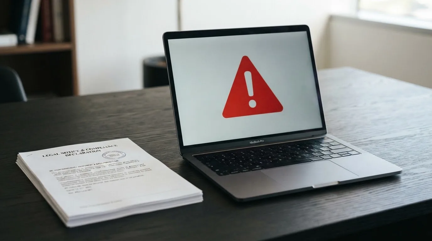 A red triangular warning sign icon on a laptop screen next to a stack of legal papers, symbolising an official caution rather than any specific website.