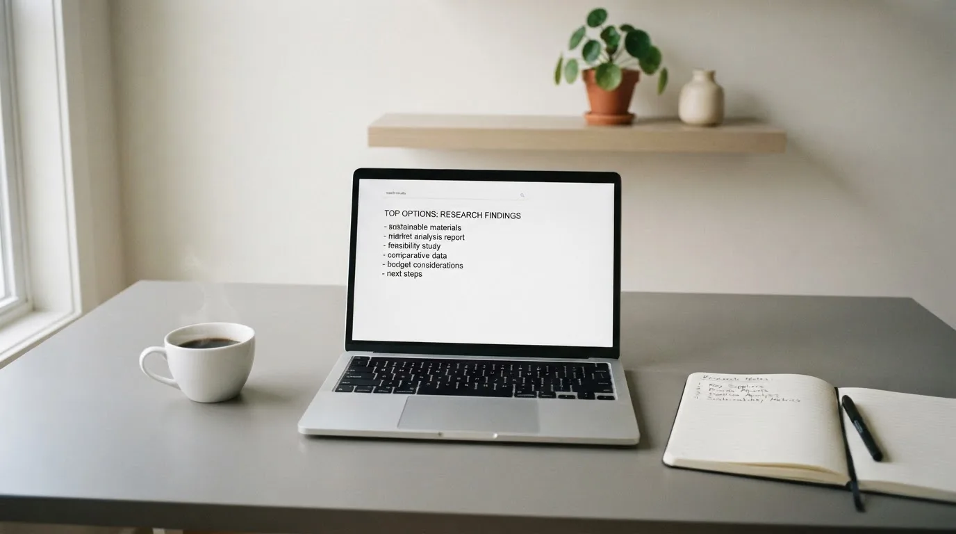 A tidy desk with a laptop open on a plain search-results page, a notebook and a coffee cup beside it, no screens showing any casino branding.