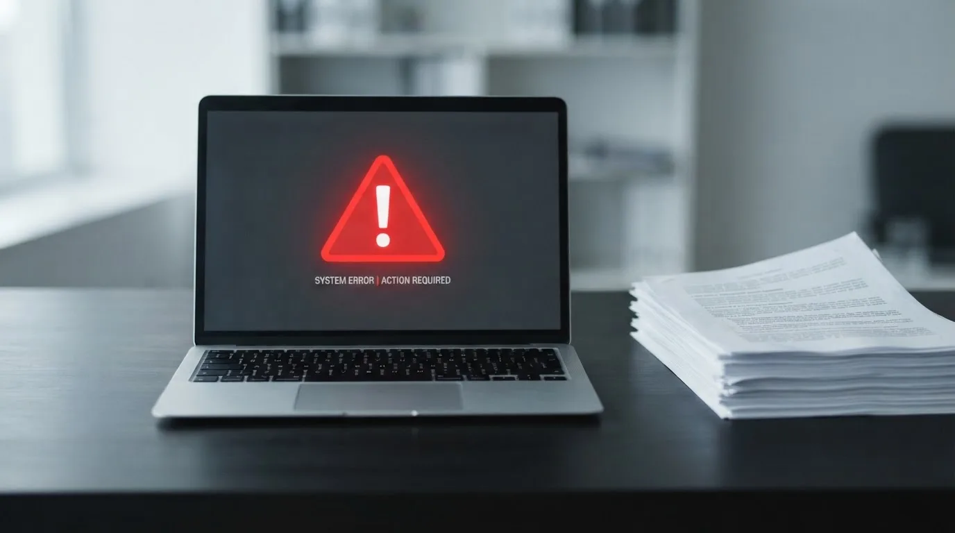 A red triangular warning sign icon on a laptop screen next to a stack of legal papers, symbolising an official caution rather than any specific website.