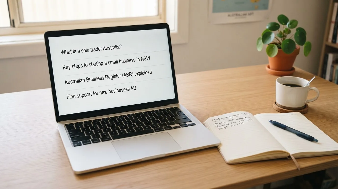 A tidy desk with a laptop open on a plain search-results page, a notebook and a coffee cup beside it, no screens showing any casino branding.
