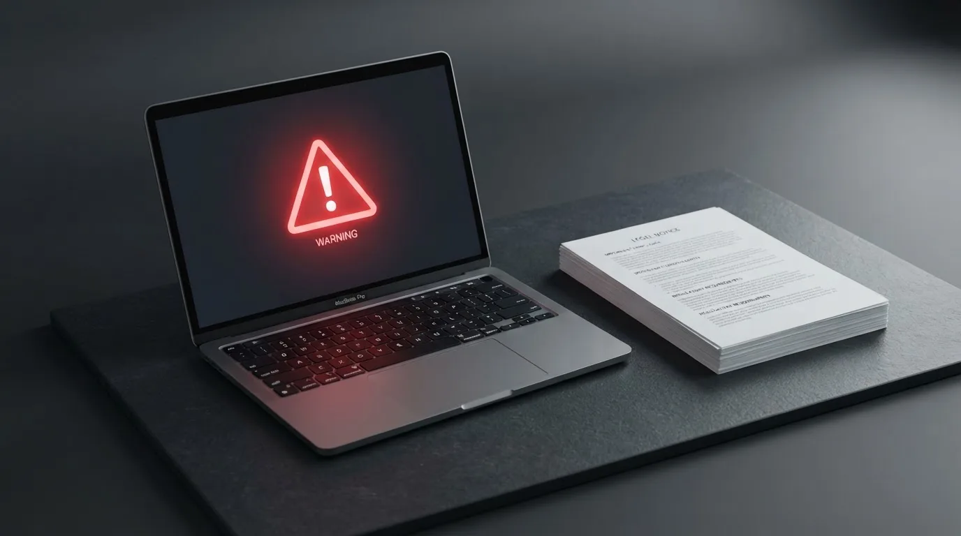 A red triangular warning sign icon on a laptop screen next to a stack of legal papers, symbolising an official caution rather than any specific website.