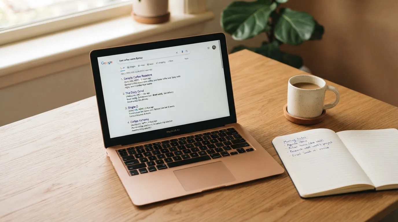 A tidy desk with a laptop open on a plain search-results page, a notebook and a coffee cup beside it, no screens showing any casino branding.