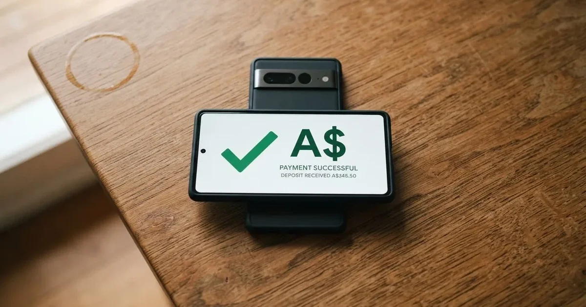A smartphone screen showing a generic bank-transfer confirmation tick, held over a kitchen table.