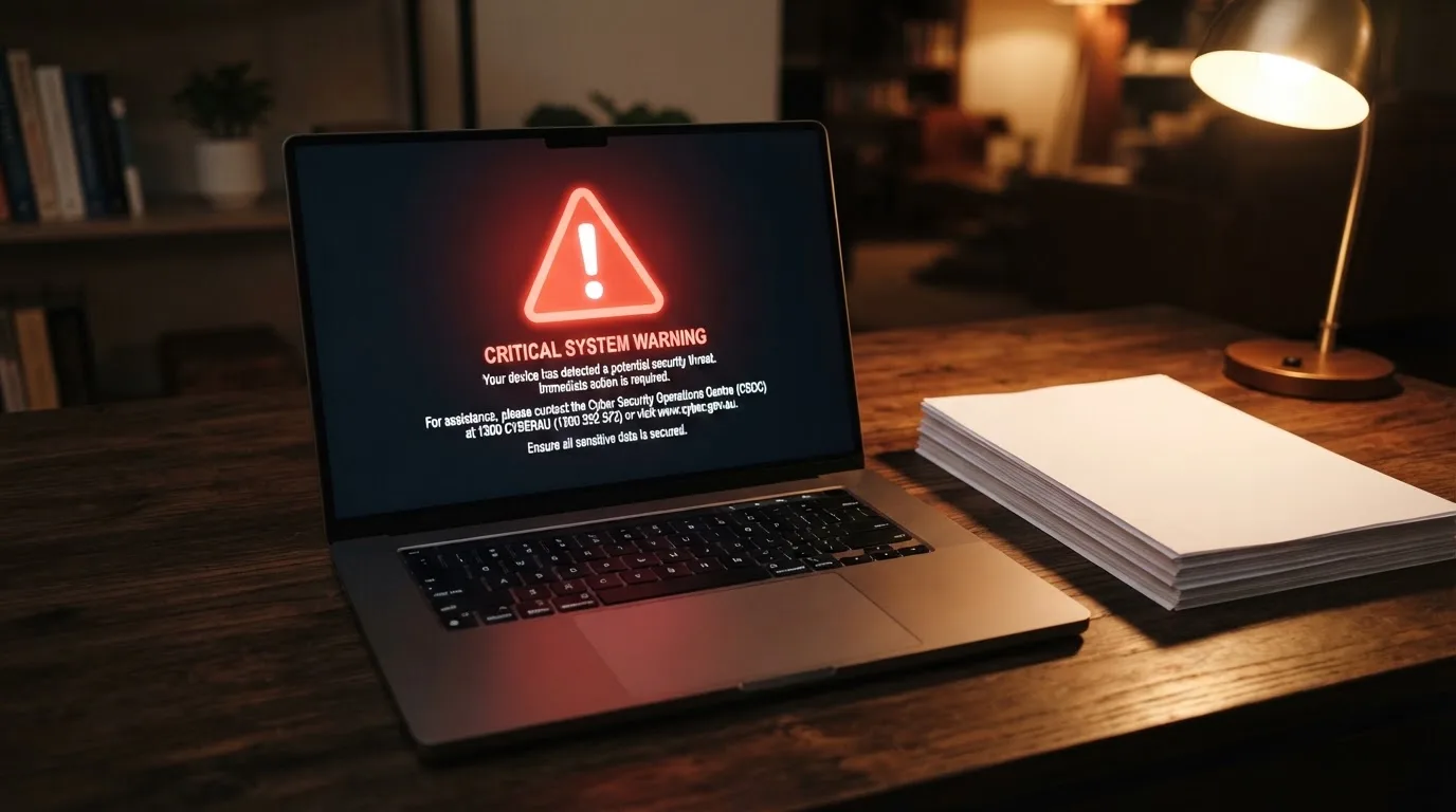 A red triangular warning sign icon on a laptop screen next to a stack of legal papers, symbolising an official caution rather than any specific website.