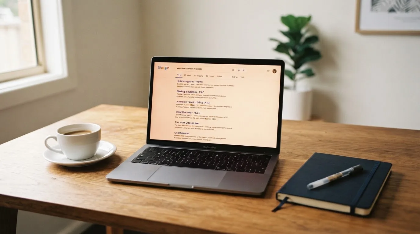 A tidy desk with a laptop open on a plain search-results page, a notebook and a coffee cup beside it, no screens showing any casino branding.