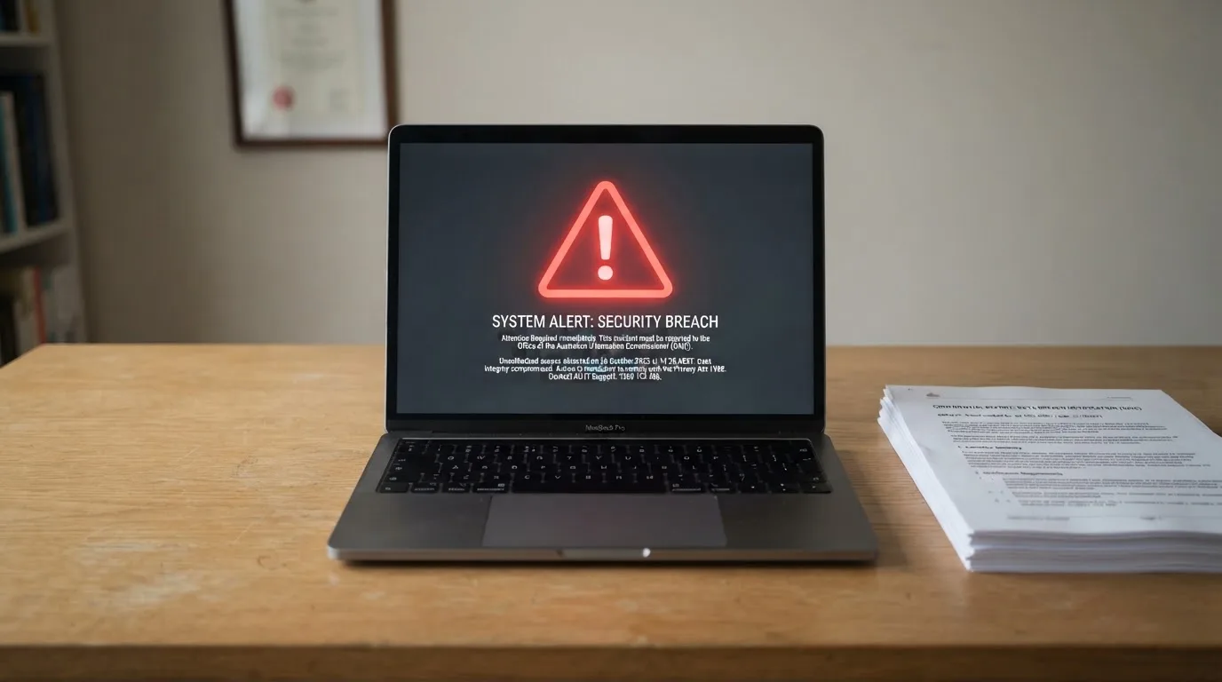 A red triangular warning sign icon on a laptop screen next to a stack of legal papers, symbolising an official caution rather than any specific website.