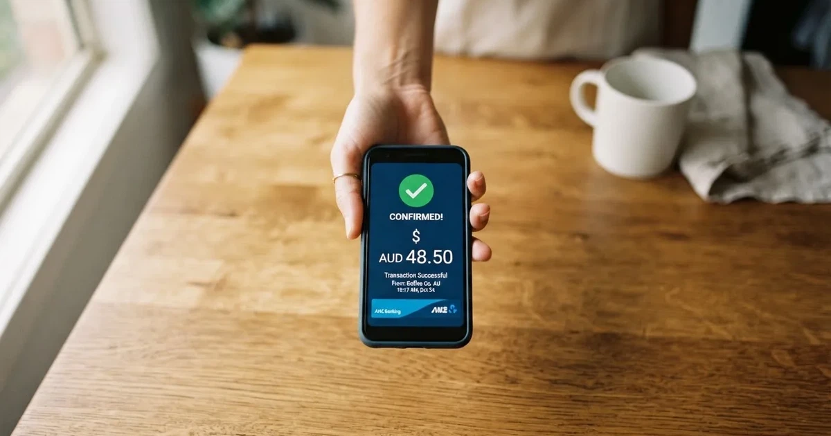 A smartphone screen showing a generic bank-transfer confirmation tick, held over a kitchen table.