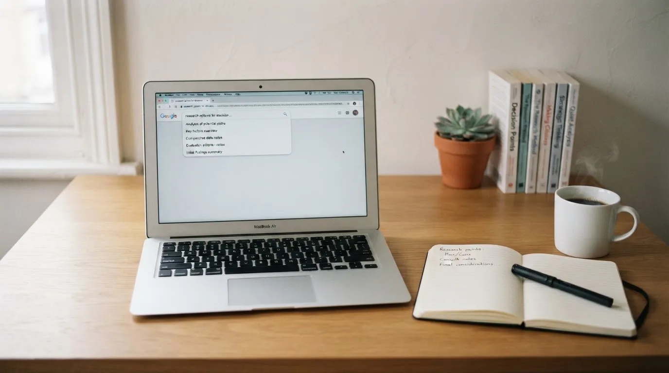 A tidy desk with a laptop open on a plain search-results page, a notebook and a coffee cup beside it, no screens showing any casino branding.
