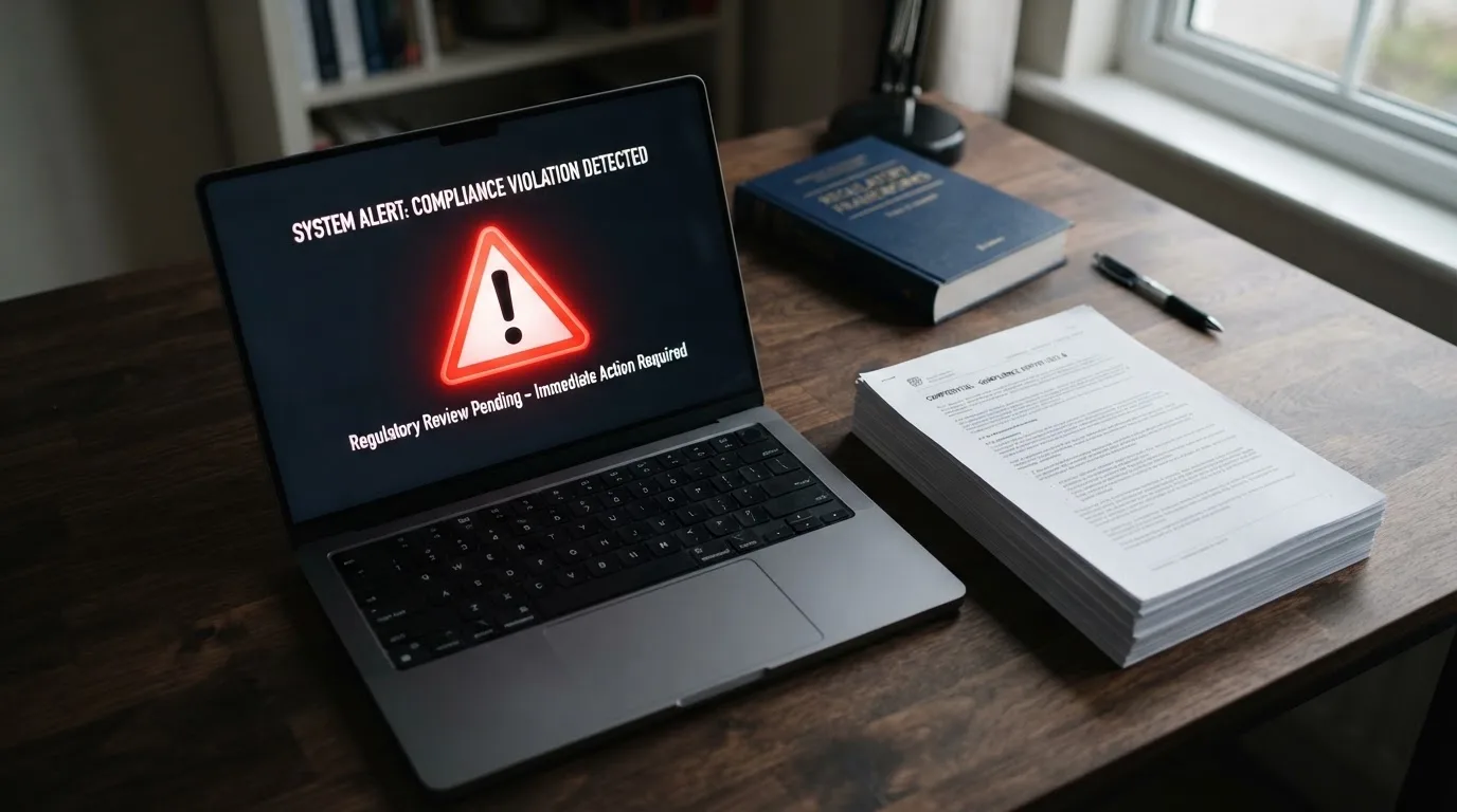 A red triangular warning sign icon on a laptop screen next to a stack of legal papers, symbolising an official caution rather than any specific website.
