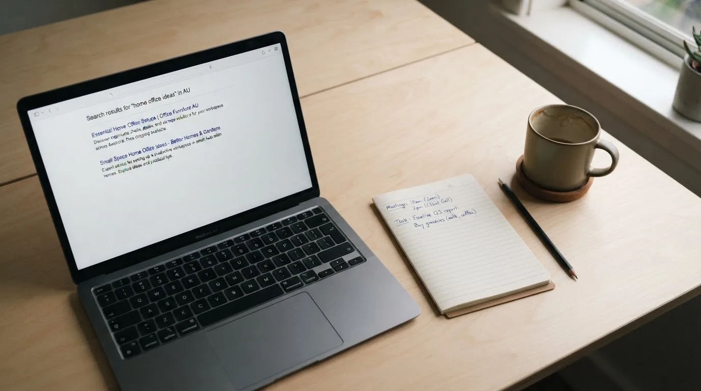 A tidy desk with a laptop open on a plain search-results page, a notebook and a coffee cup beside it, no screens showing any casino branding.