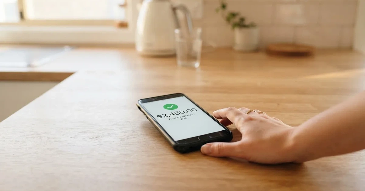 A smartphone screen showing a generic bank-transfer confirmation tick, held over a kitchen table.