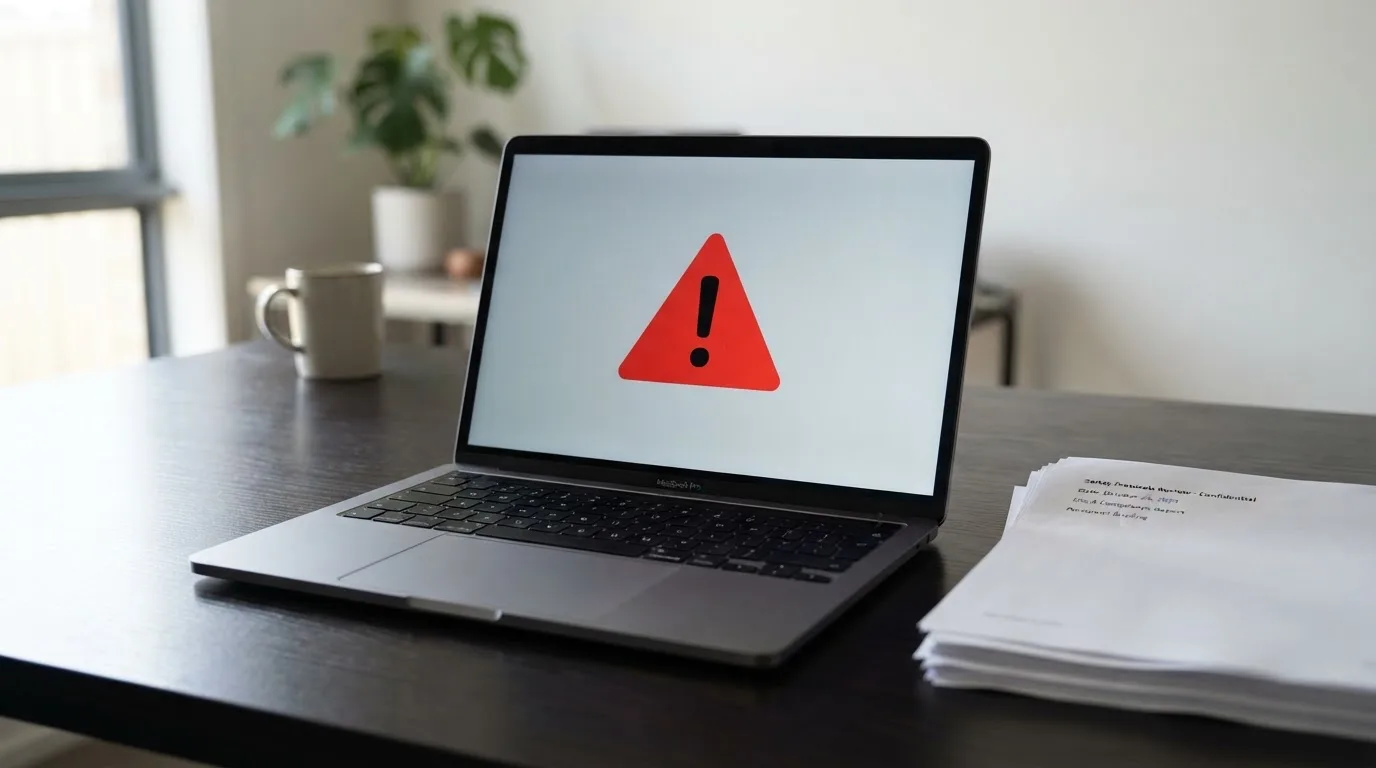 A red triangular warning sign icon on a laptop screen next to a stack of legal papers, symbolising an official caution rather than any specific website.