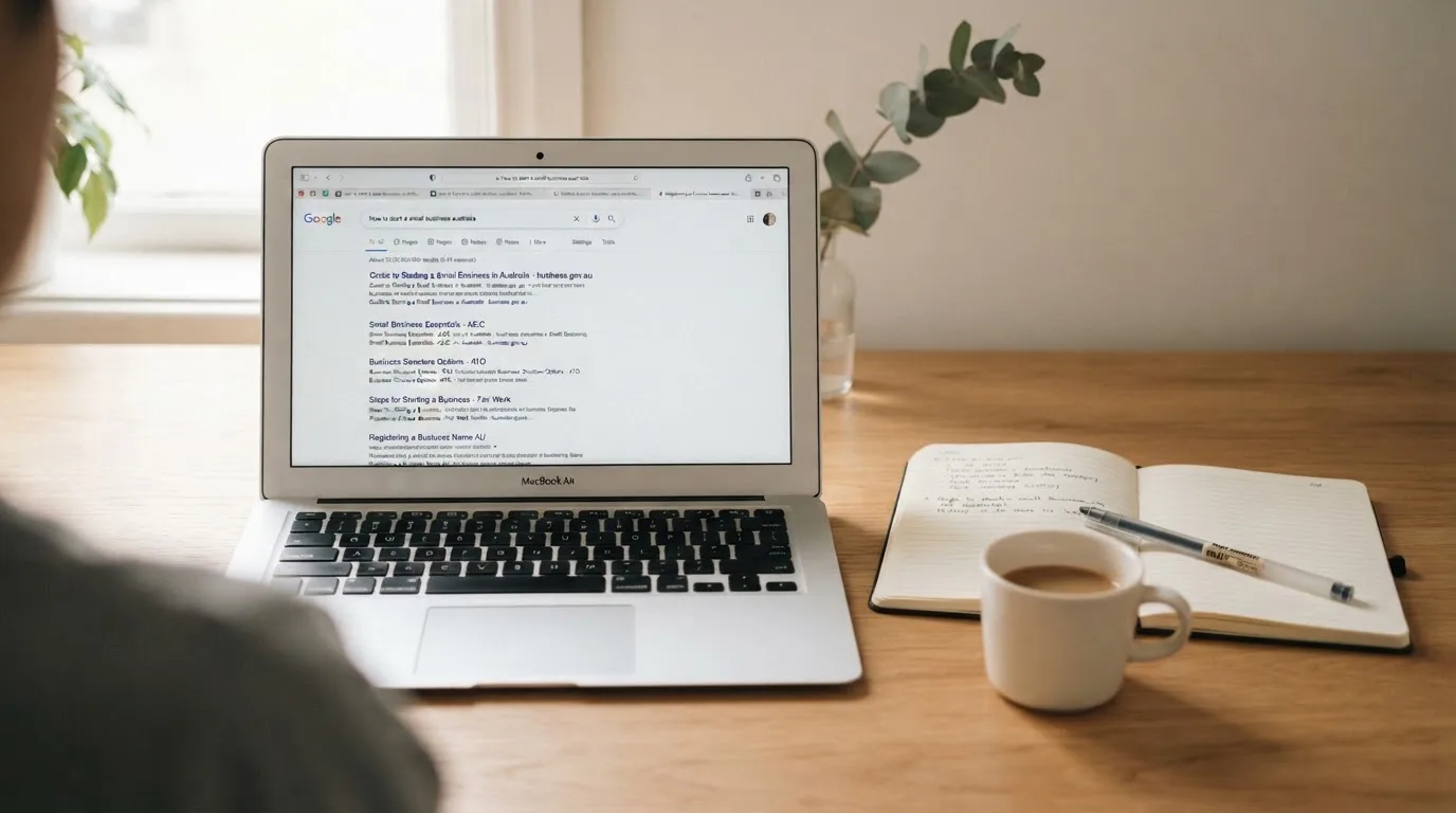 A tidy desk with a laptop open on a plain search-results page, a notebook and a coffee cup beside it, no screens showing any casino branding.