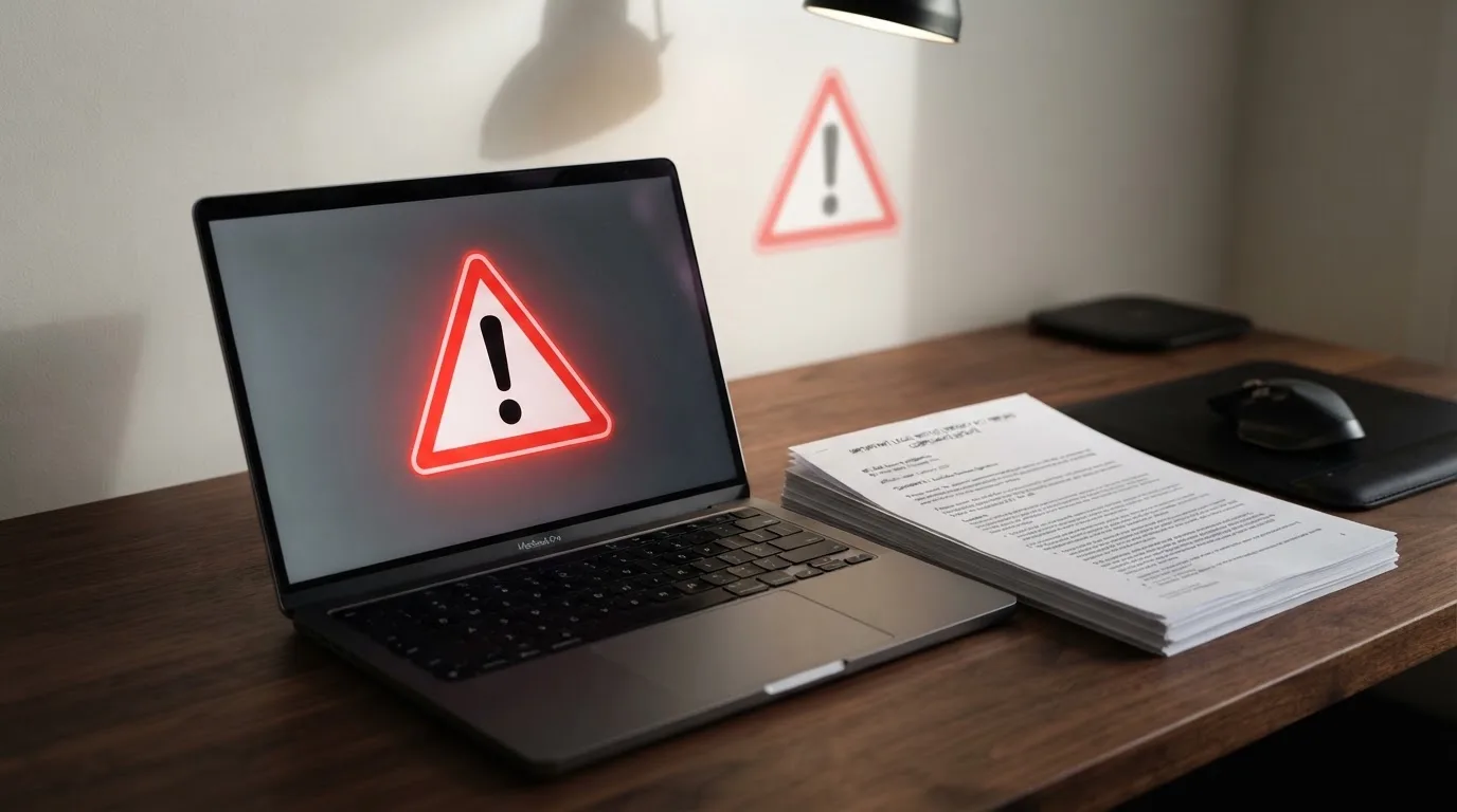 A red triangular warning sign icon on a laptop screen next to a stack of legal papers, symbolising an official caution rather than any specific website.