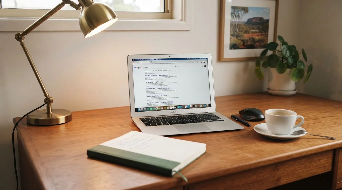 A tidy desk with a laptop open on a plain search-results page, a notebook and a coffee cup beside it, no screens showing any casino branding.