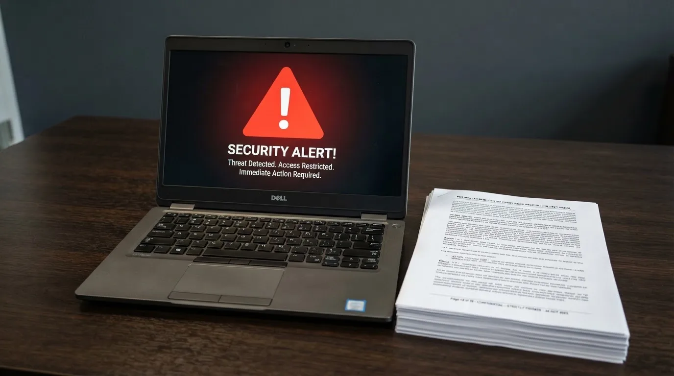 A red triangular warning sign icon on a laptop screen next to a stack of legal papers, symbolising an official caution rather than any specific website.