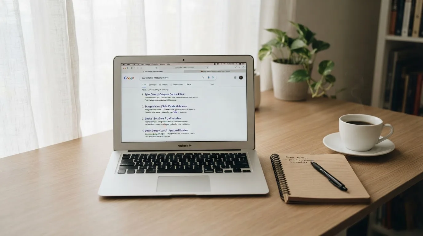 A tidy desk with a laptop open on a plain search-results page, a notebook and a coffee cup beside it, no screens showing any casino branding.