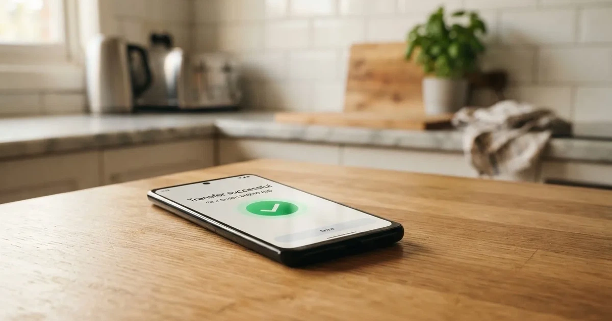 A smartphone screen showing a generic bank-transfer confirmation tick, held over a kitchen table.