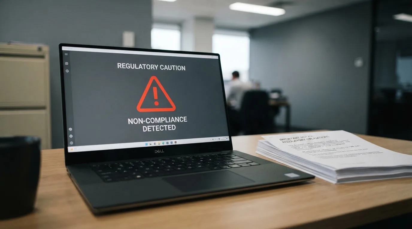 A red triangular warning sign icon on a laptop screen next to a stack of legal papers, symbolising an official caution rather than any specific website.