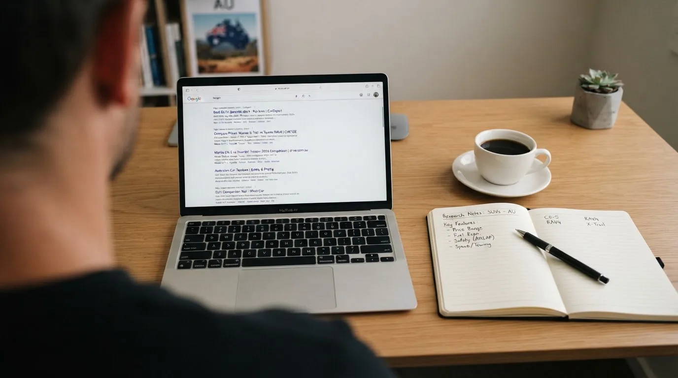 A tidy desk with a laptop open on a plain search-results page, a notebook and a coffee cup beside it, no screens showing any casino branding.