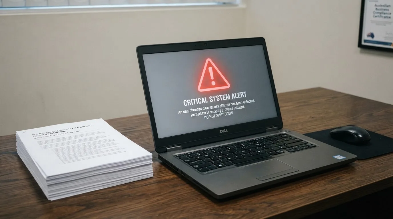 A red triangular warning sign icon on a laptop screen next to a stack of legal papers, symbolising an official caution rather than any specific website.