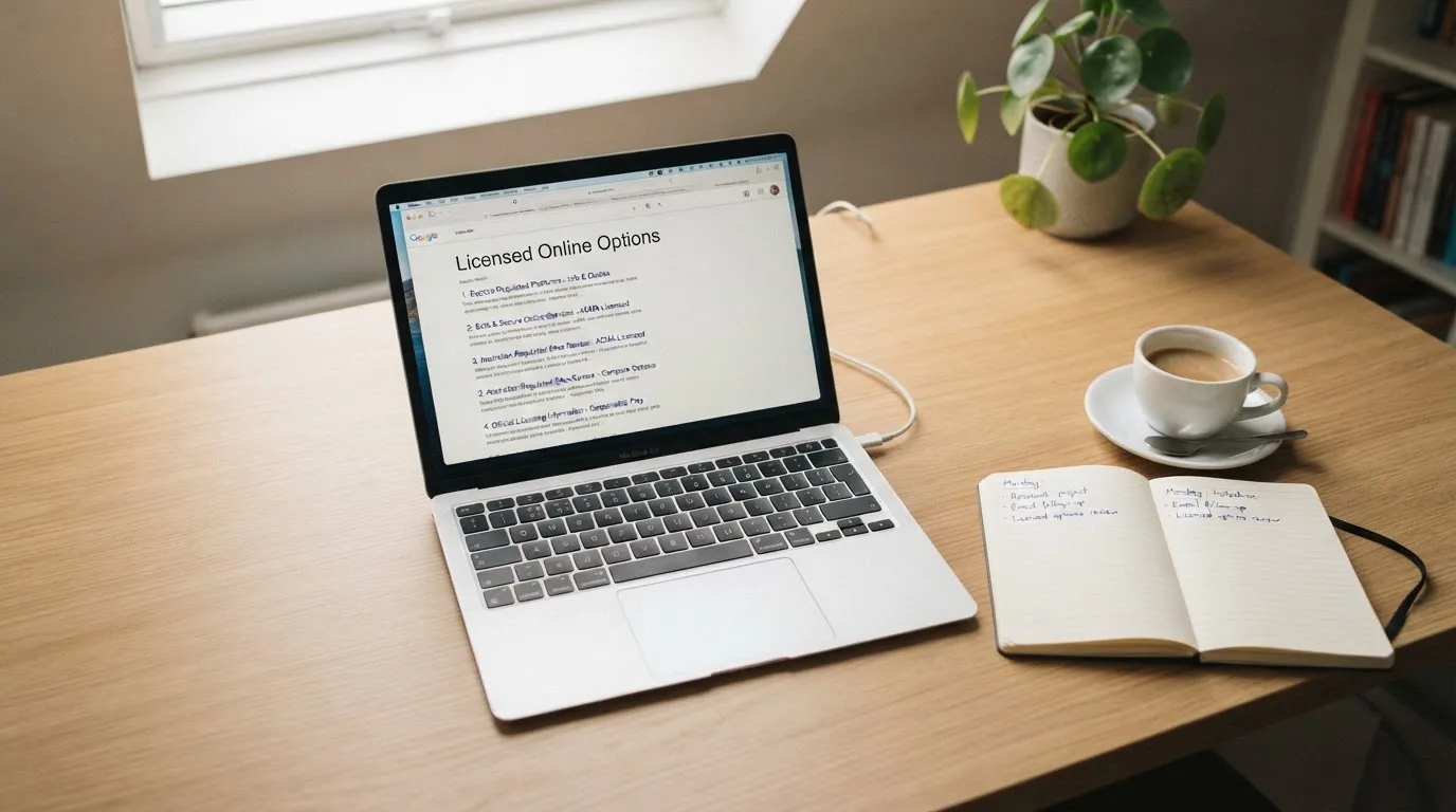 A tidy desk with a laptop open on a plain search-results page, a notebook and a coffee cup beside it, no screens showing any casino branding.