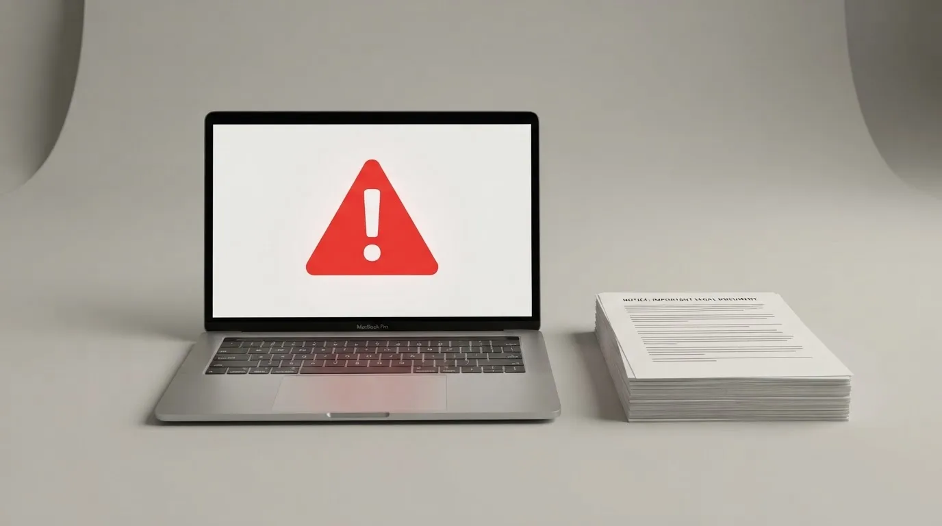 A red triangular warning sign icon on a laptop screen next to a stack of legal papers, symbolising an official caution rather than any specific website.