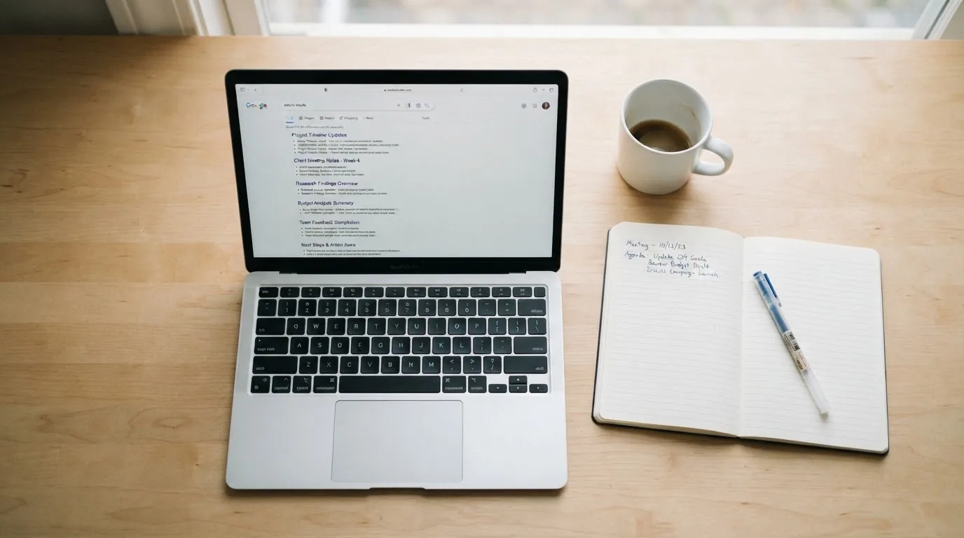 A tidy desk with a laptop open on a plain search-results page, a notebook and a coffee cup beside it, no screens showing any casino branding.