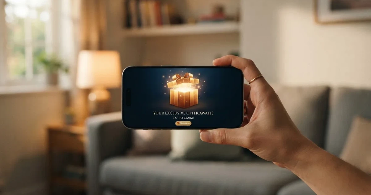 A gift box icon glowing on a phone screen, held at arm's length, suggesting an unopened offer rather than an active game.