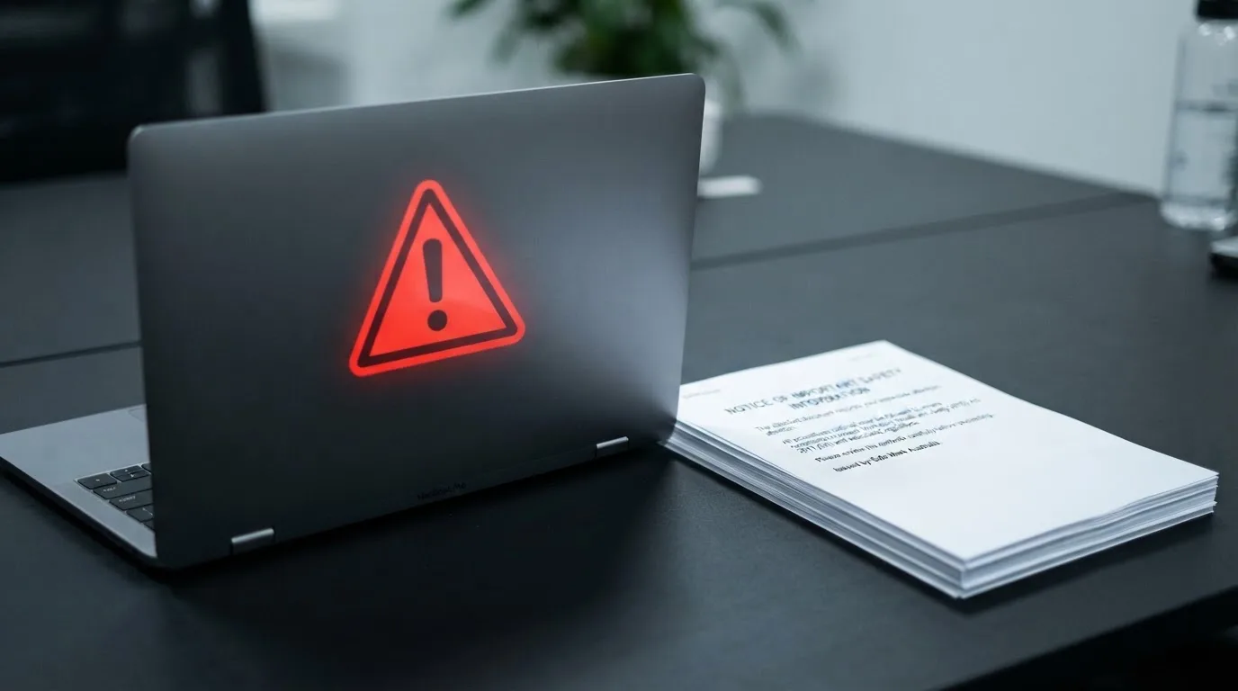 A red triangular warning sign icon on a laptop screen next to a stack of legal papers, symbolising an official caution rather than any specific website.