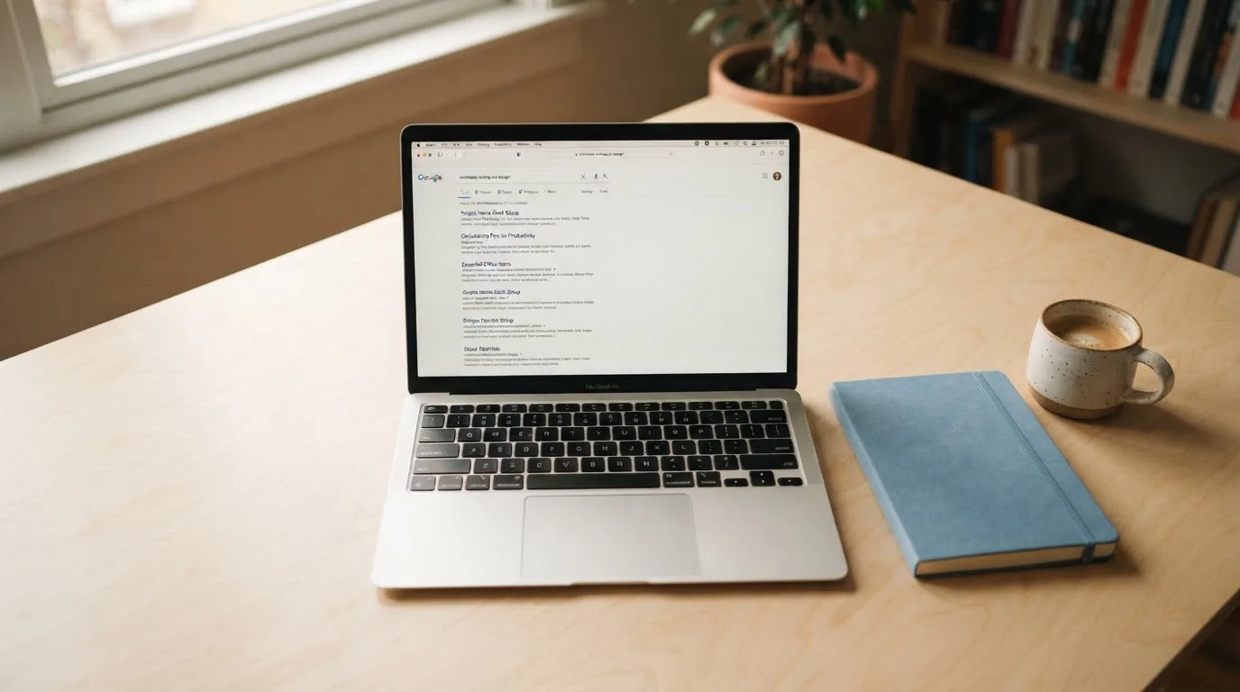 A tidy desk with a laptop open on a plain search-results page, a notebook and a coffee cup beside it, no screens showing any casino branding.
