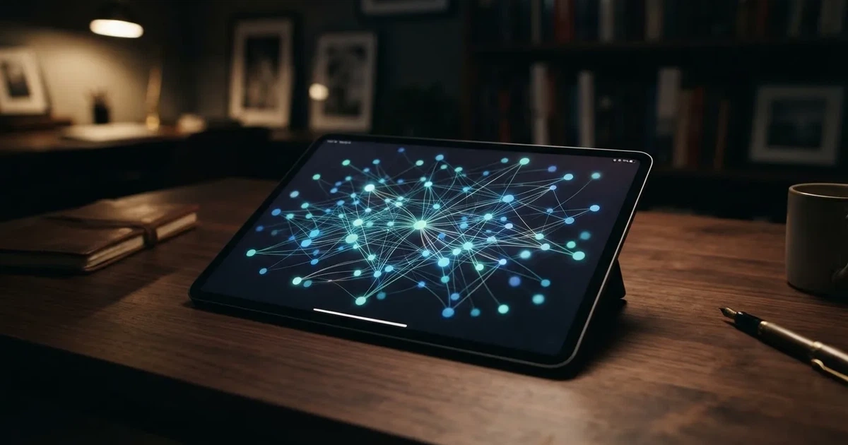 A network of glowing connected nodes displayed on a tablet screen, representing a distributed ledger diagram.
