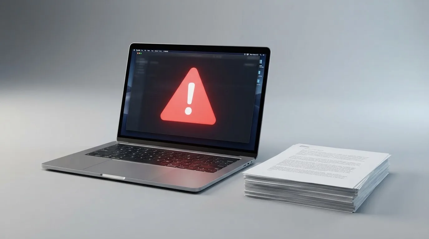A red triangular warning sign icon on a laptop screen next to a stack of legal papers, symbolising an official caution rather than any specific website.