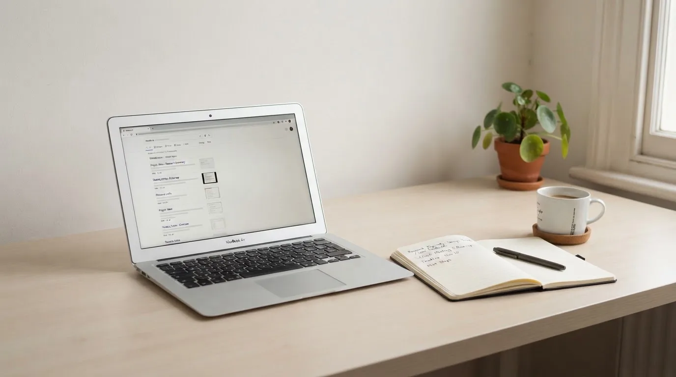 A tidy desk with a laptop open on a plain search-results page, a notebook and a coffee cup beside it, no screens showing any casino branding.