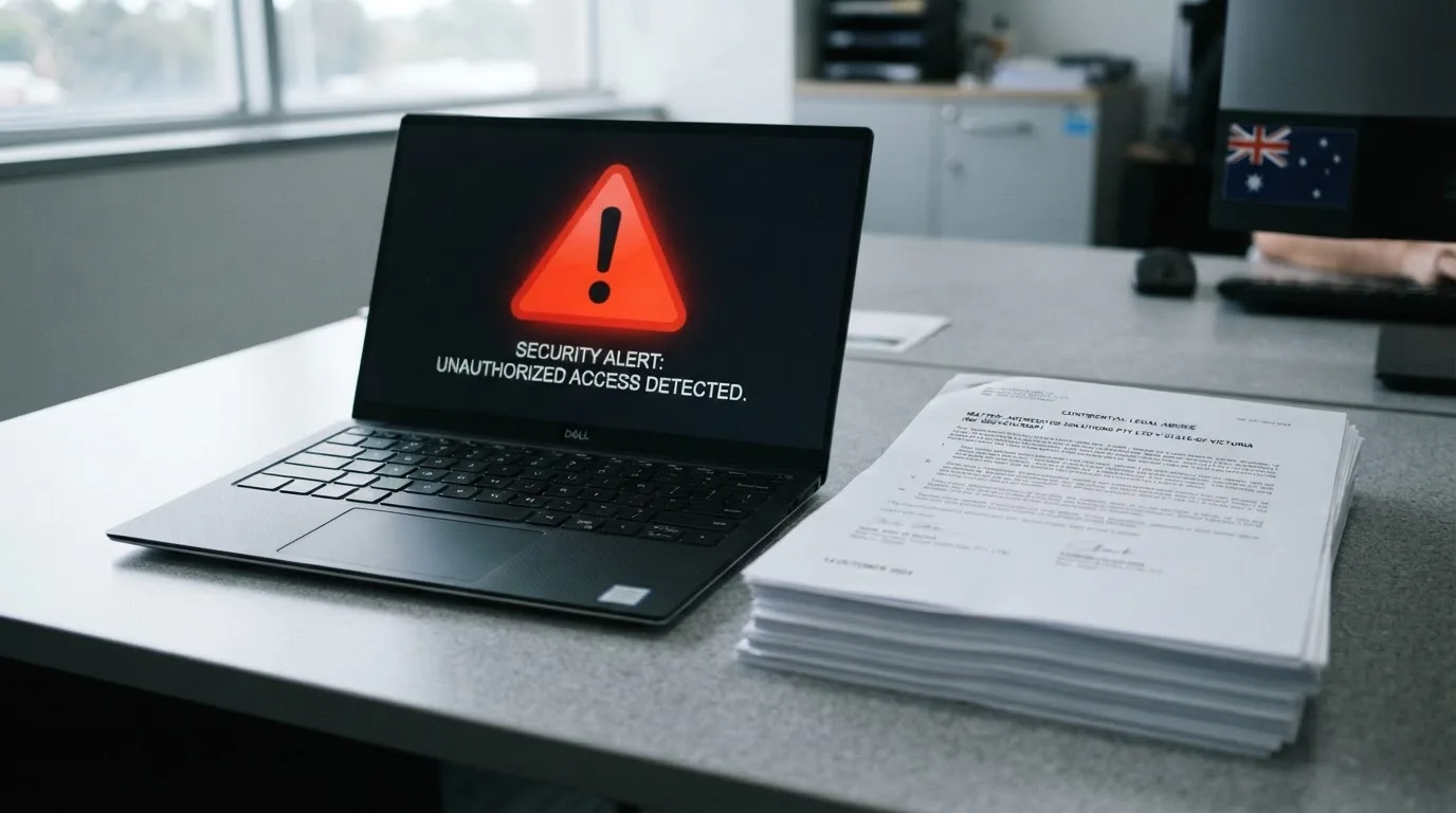A red triangular warning sign icon on a laptop screen next to a stack of legal papers, symbolising an official caution rather than any specific website.