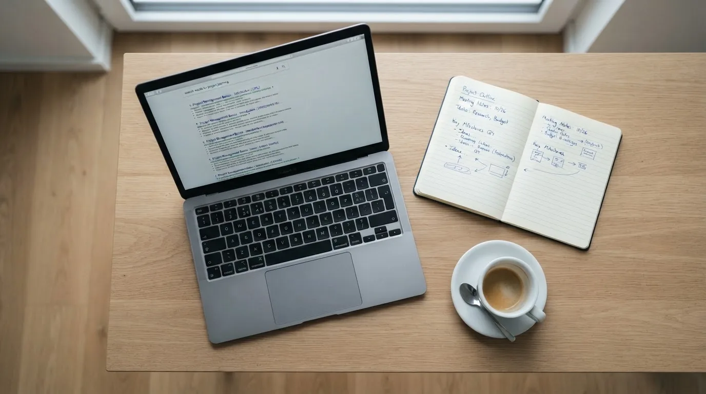 A tidy desk with a laptop open on a plain search-results page, a notebook and a coffee cup beside it, no screens showing any casino branding.