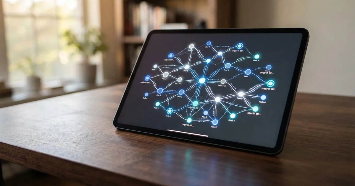 A network of glowing connected nodes displayed on a tablet screen, representing a distributed ledger diagram.
