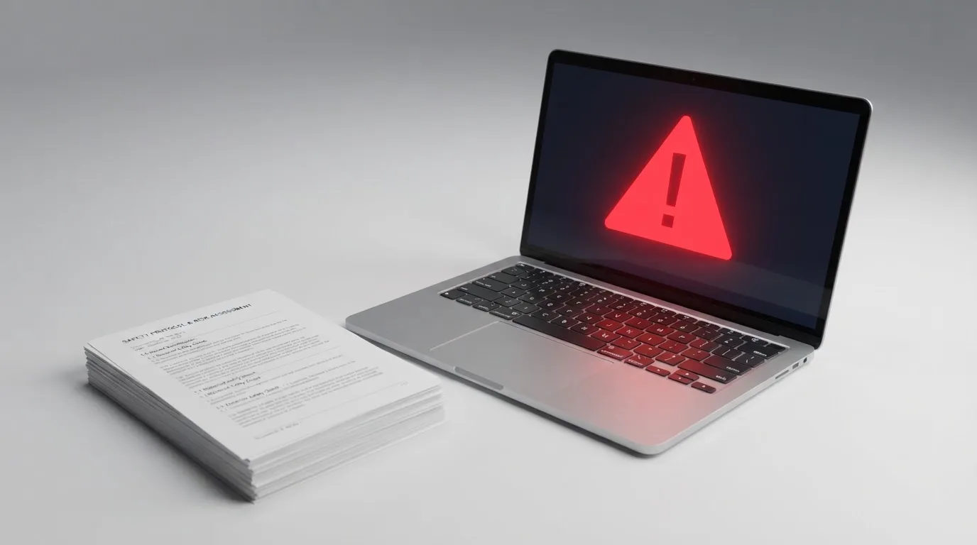A red triangular warning sign icon on a laptop screen next to a stack of legal papers, symbolising an official caution rather than any specific website.