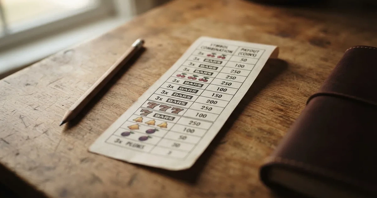 A printed strip of generic slot symbols and payout numbers laid on a desk, like a reference chart rather than a live game.