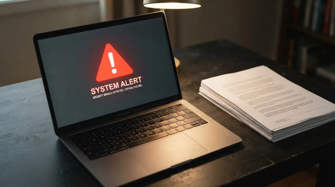 A red triangular warning sign icon on a laptop screen next to a stack of legal papers, symbolising an official caution rather than any specific website.