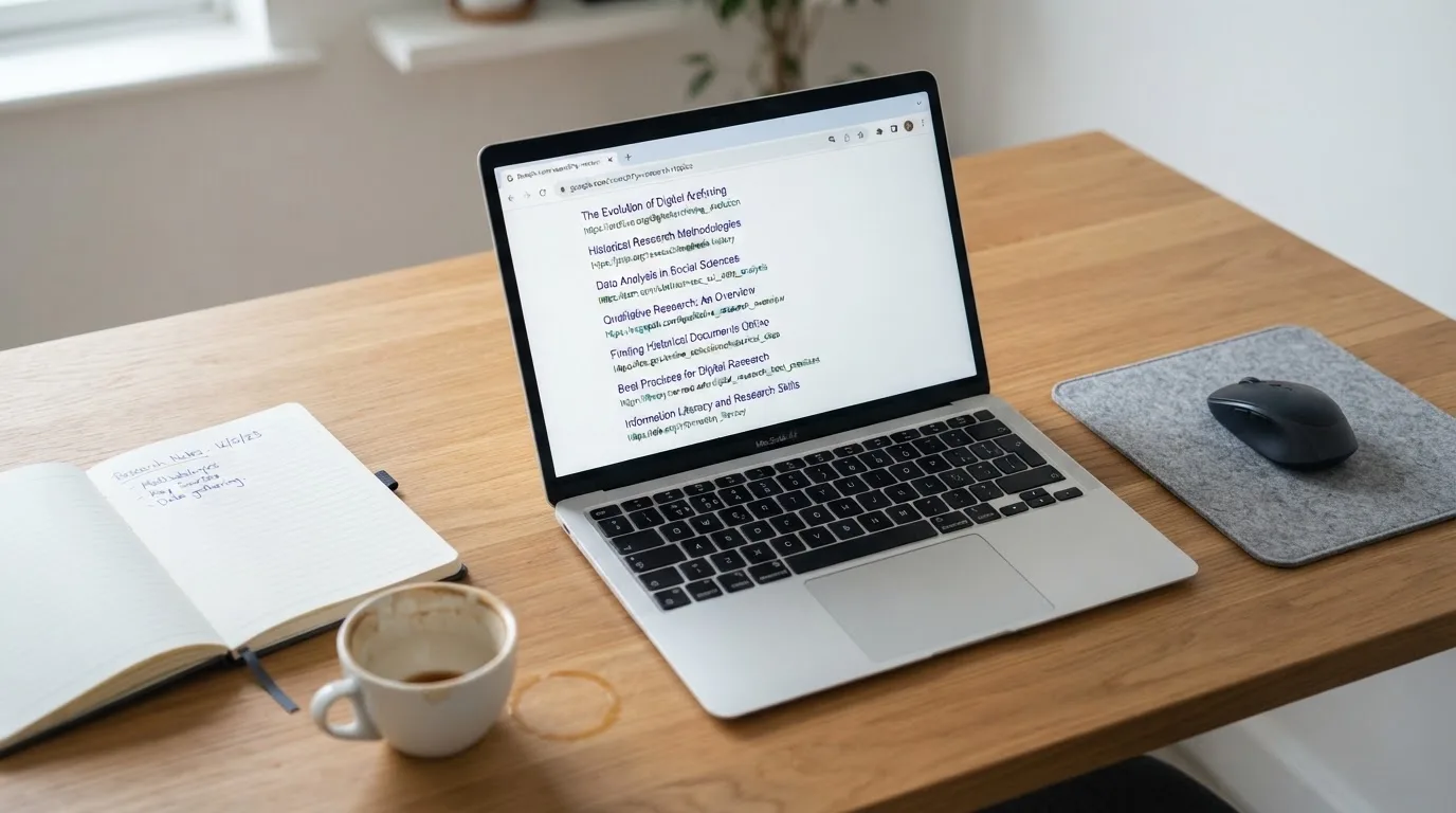 A tidy desk with a laptop open on a plain search-results page, a notebook and a coffee cup beside it, no screens showing any casino branding.