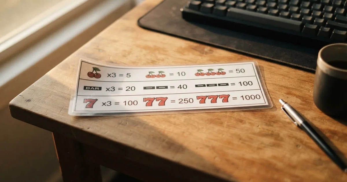 A printed strip of generic slot symbols and payout numbers laid on a desk, like a reference chart rather than a live game.
