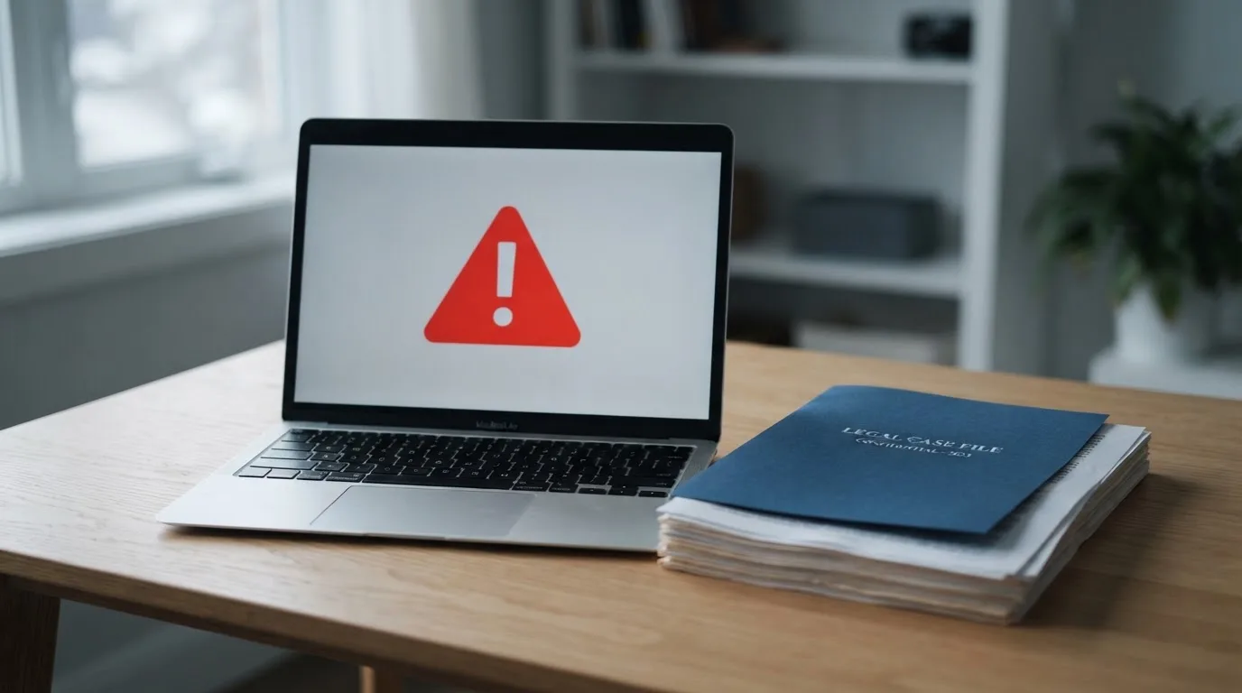 A red triangular warning sign icon on a laptop screen next to a stack of legal papers, symbolising an official caution rather than any specific website.