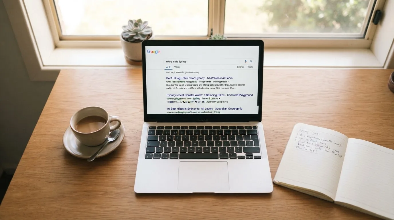 A tidy desk with a laptop open on a plain search-results page, a notebook and a coffee cup beside it, no screens showing any casino branding.
