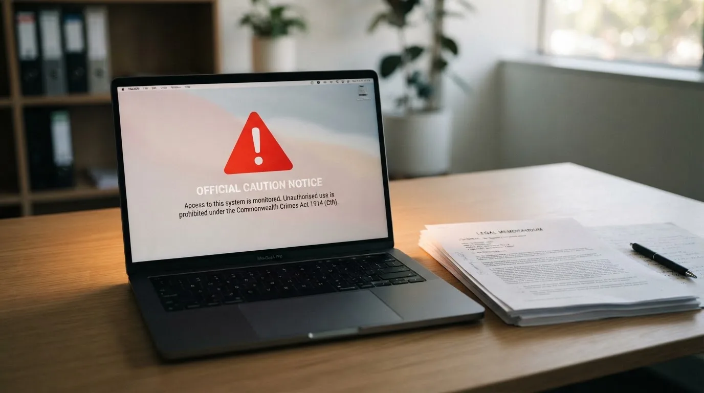 A red triangular warning sign icon on a laptop screen next to a stack of legal papers, symbolising an official caution rather than any specific website.