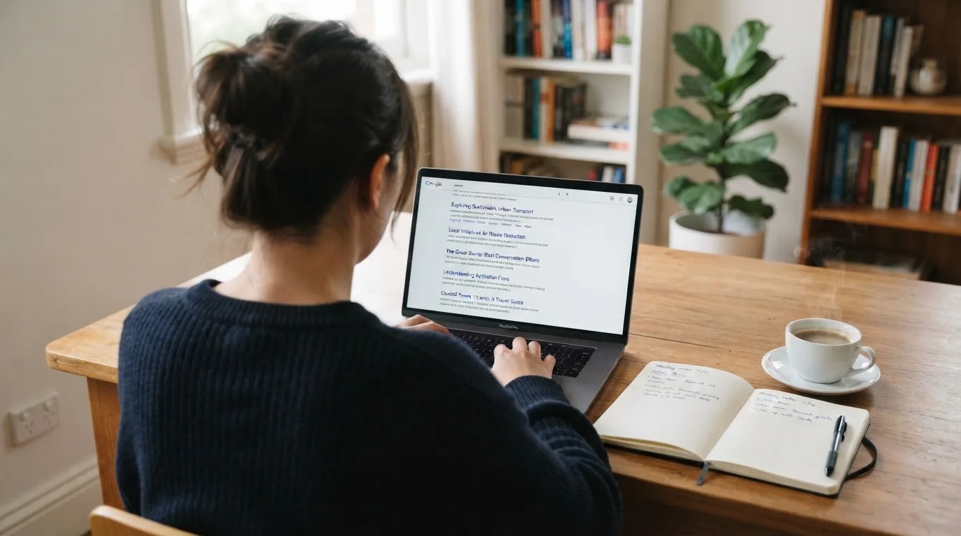 A tidy desk with a laptop open on a plain search-results page, a notebook and a coffee cup beside it, no screens showing any casino branding.