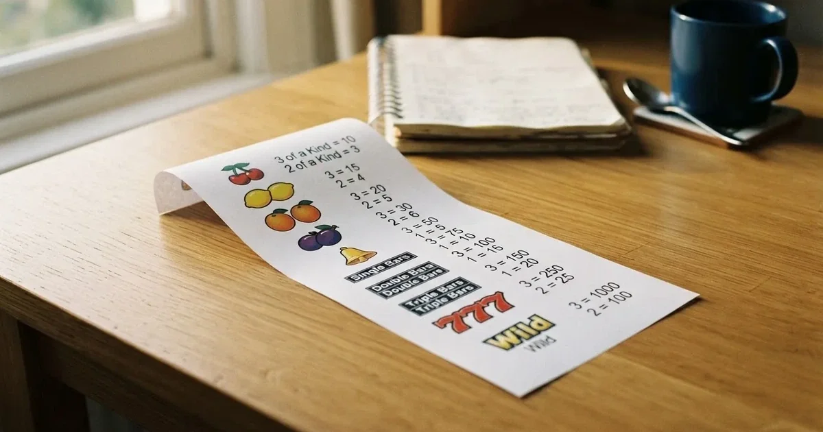 A printed strip of generic slot symbols and payout numbers laid on a desk, like a reference chart rather than a live game.