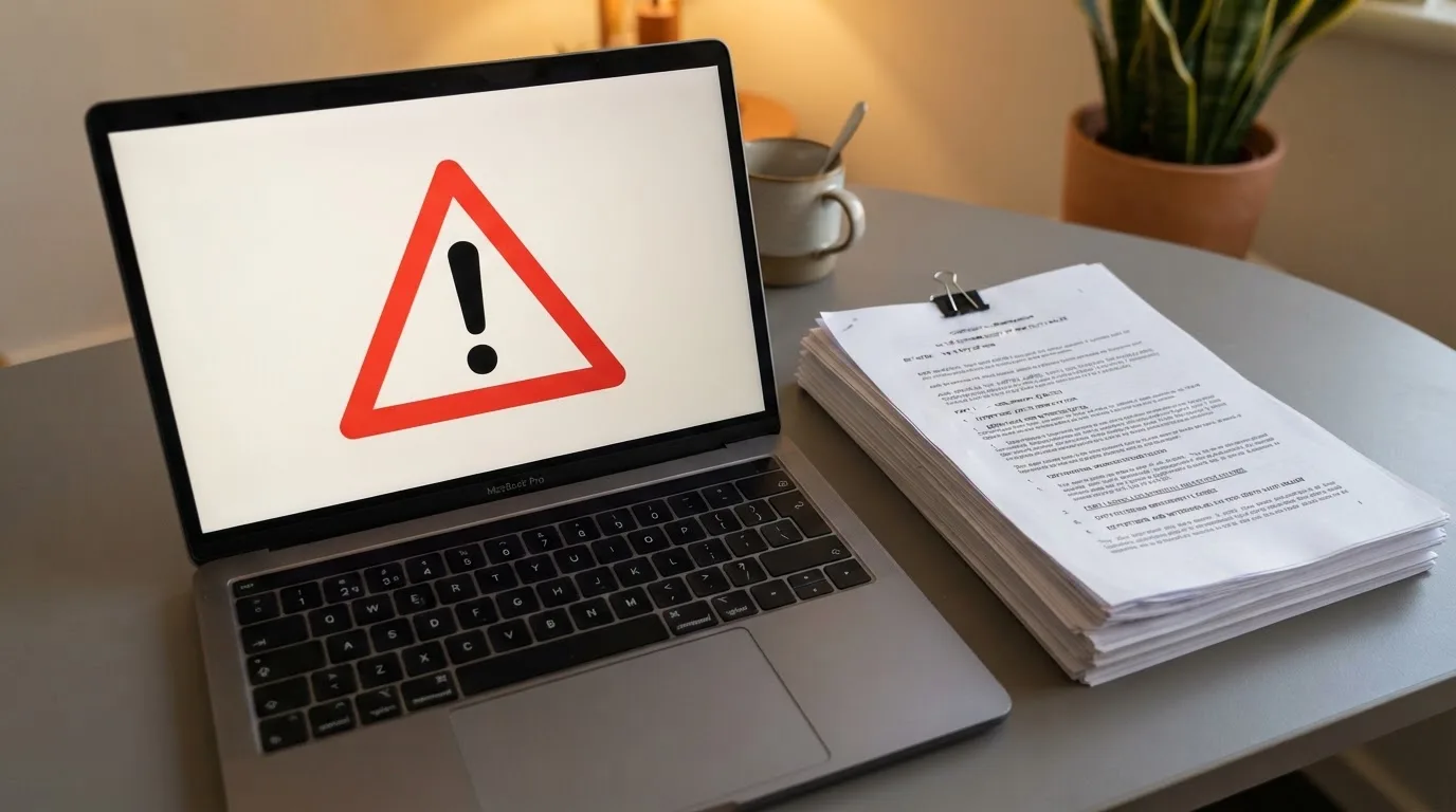 A red triangular warning sign icon on a laptop screen next to a stack of legal papers, symbolising an official caution rather than any specific website.